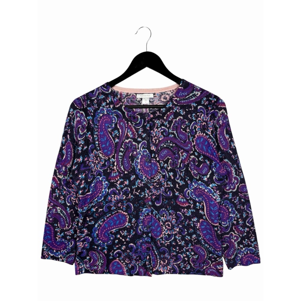 Garnet Hill 100% Merino Wool Floral Cardigan Sweater Timeless Elegance Sz M